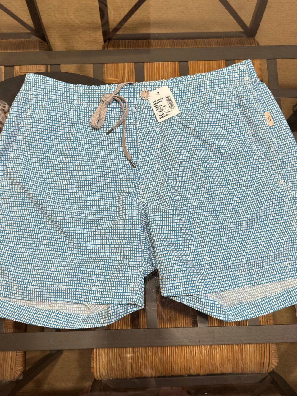 $145 Onia The Caldere M Blue White Small Checks Button Zipper 5” Swim Trunks NWT